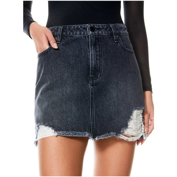 Alice Olivia Good High Rise Distressed Mini Denim Jean Skirt Size 27 Acid Black - Picture 1 of 16